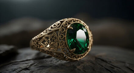 Intricate antique gold ring with a large oval cut emerald gemstone set in a detailed filigree mounting on a dark textured surface