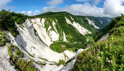 Panoramic view of a dramatic white and green mountain landscape