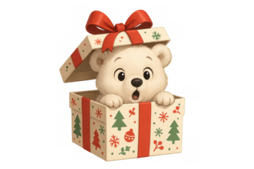 Cute polar bear cartoon character popping out of a christmas gift box with surprise expression