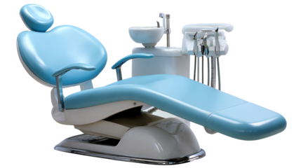 Dental Chair: A clean and modern dental chair, the central hub of a dentist's office. Features ergonomic design, tools and instruments.
