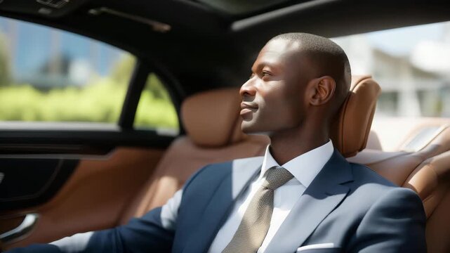 Professional driver focused on safe navigation while VIP business client relaxes in plush leather backseat, symbolizing discreet service, executive-class chauffeur driving, elite travel comfort,