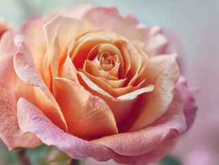 Close-up of a Delicate Two-Tone Rose Blossom with Soft Petals and Vibrant Orange and Pink Hues, Blurring to a Gentle Background, Capturing its Detailed Beauty