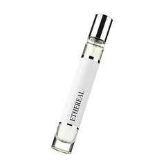 Elegant glass spray bottle for fragrance or cosmetic liquids. Sleek silver cap and white label embody a concept of portable luxury and refined personal care