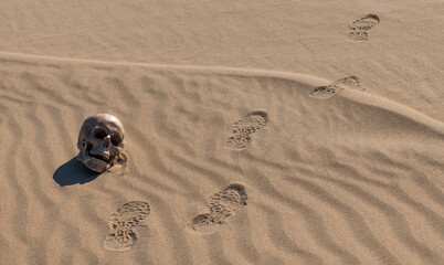 A dummy of a human skull lies on the sand in the desert © Max Zolotukhin