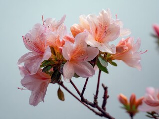 Vibrant Cluster of Pink Azalea Flowers with Open Blooms, Fresh Floral Branch against a Soft Blue-Gray Background, Bright and Detailed Close-up of Flowering Azalea