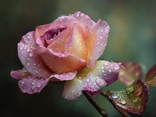Lush pink and yellow rose with intricate dew drops on its petals and a neighboring leaf, presented against a subtly blurred dark green outdoor setting