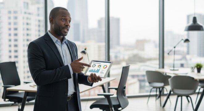 Confident african american businessman presenting financial data analysis on a tablet. Male executive in a modern office showing business analytics, charts and kpi dashboard. - Powered by Adobe