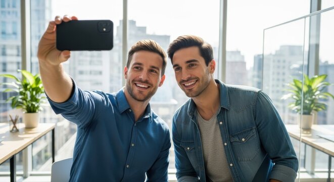Two happy male colleagues taking a selfie with a smartphone in a modern office. Cheerful businessmen friends smiling for a photo. Teamwork, success, and social media concept.
