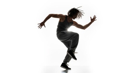 Silhouette of a male dancer with dreadlocks in a dynamic hip hop pose. Concept of modern street dance, energy, movement, and freedom. Young athletic man performing breakdance.