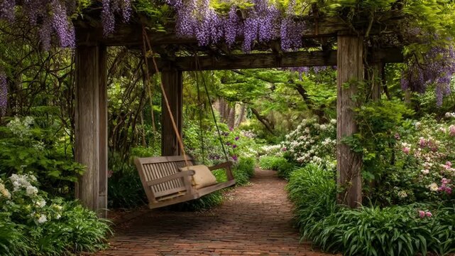 Wooden swing under floral arbor in a lush garden setting