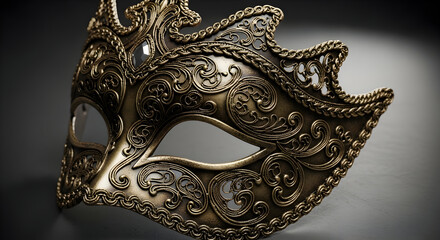 Intricate antique venetian masquerade mask with ornate swirling patterns and detailed filigree in a rich antique gold metallic finish
