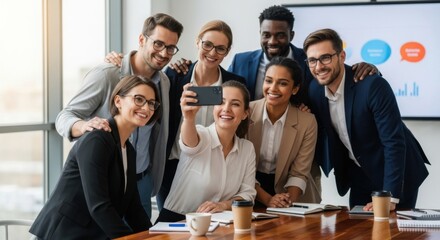 Happy diverse business team taking a selfie in the office. Group of multicultural corporate colleagues smiling for a photo. Teamwork, unity, and success in a modern workplace.