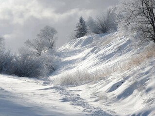 Softly Lit Winter Hillside with Fresh Snow, Frosted Shrubs, and Distant Trees under Muted Cloudy Sky