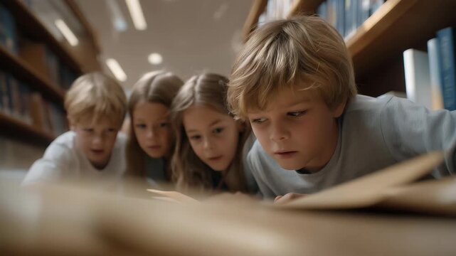 A group of kids plays a scavenger hunt in a library, with clues hidden in books, kids whispering, a librarian guiding, and shelves towering above, depicted in a playful photo with book spines, clue