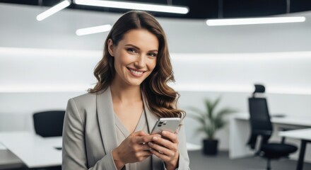 Confident businesswoman using smartphone in modern office. Young professional female employee smiling while texting or browsing. Business technology, communication, success concept.