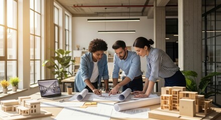 Team of diverse architects collaborating on a project. Professionals discussing blueprints in a modern office with architectural models. Teamwork, engineering and construction concept.