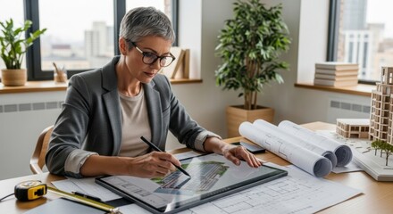 Senior female architect at her office desk working on a new real estate development project. Engineer reviewing construction plans and a 3D building model on a graphic tablet.