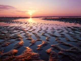 Vibrant Sunset over Textured Beach Ripples and Water during Low Tide Reflecting Golden and Purple Hues