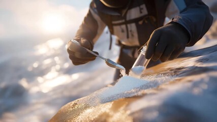 A scientist, their hands gloved, collects snow samples in a vial, its plastic cap tight. A metal scoop, its edge dented, digs into the snow, its texture powdery. A backpack, its straps frayed, - Powered by Adobe