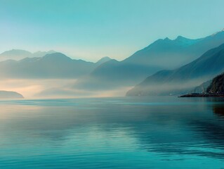 Alaskan Fjord Morning Mist Mountain Range Scenic Waterscape Blue Sky Coastal Landscape Pacific Northwest Inlet Outdoor Wilderness Environment