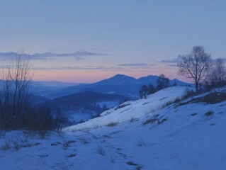 Winter Twilight Landscape Tranquil Mountain Valley Horizon Bare Trees Snow-Covered Hills Serene Dusk Sky Faint Pink Hue Blue Mountain Ranges Scenic Nature View Cold Season Scenery