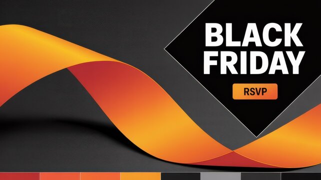 3D Black Friday Banner &mdash; Minimalist Orange-Red Ribbon, Matte Black Diamond Panel, RSVP Button, Copy Space
