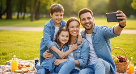 Joyful family taking a selfie on a sunny day in the park. Parents with two children on a picnic, creating memories. Concept of love, parenthood, togetherness and happiness.
