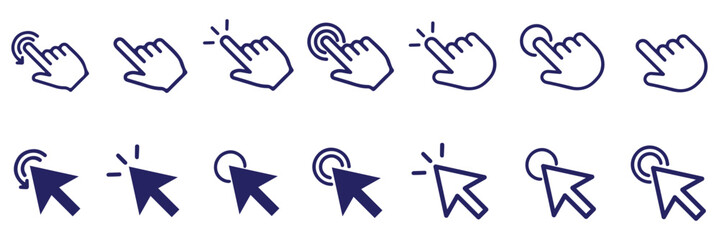 Hand cursor icon set. click icon vector. hand click pointer, Mouse click cursor icon. Hand pointer clicking finger vector icon set. Mouse cursor set. Arrows web cursors, digital hand pointers. Arrow 