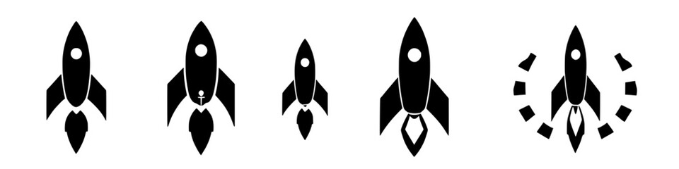 diverse collection of black and white rocket ship icons in various designs and sizes