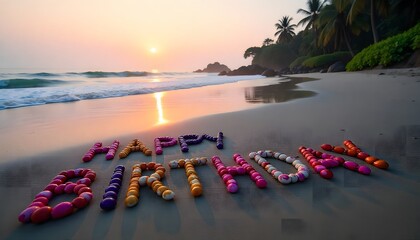 Happy Birthday written in the sand on Sunset Beach in Bali with palm trees and the ocean in the background