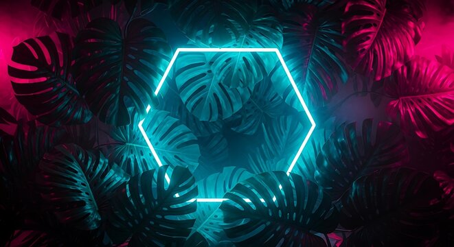 Futuristic Neon Hexagon with Tropical Leaves in Blue and Pink Light Glow