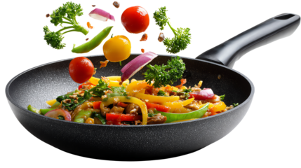 Culinary Fusion: A vibrant stir-fry bursts with fresh ingredients. Vegetables and herbs dance mid-air, poised to infuse the hot wok with enticing flavors.