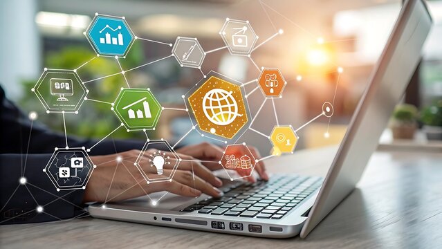 Business Person Typing on Laptop with Business Network and Chart Icons Displayed Above for Global Economy Growth