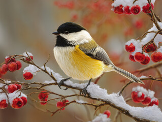Obraz premium Beautiful bird perched on a snow-covered branch with red berries, high-resolution professional photo, award-winning winter wildlife scene.
