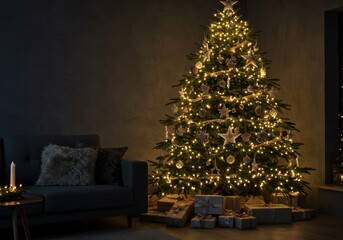 Fototapeta premium Illuminated evergreen centerpiece dominates a warmly lit interior space during nighttime hours
