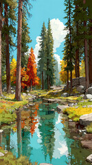 Colorful Autumn Forest Stream with Clear Reflection, Rocky Banks, and Pine Trees Illustration
