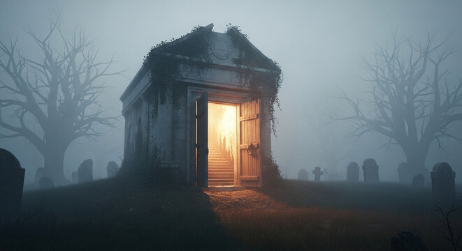 Eerie graveyard scene with open crypt door and mysterious light beckoning from within, perfect for Halloween or gothic themes, conveying mystery and suspense