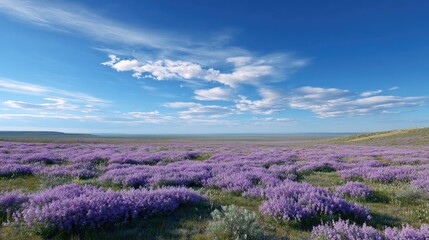 Naklejka premium Expansive Lavender Fields Under Blue Sky with Fluffy Clouds in a Serene Landscape of Nature’s Beauty and Tranquility