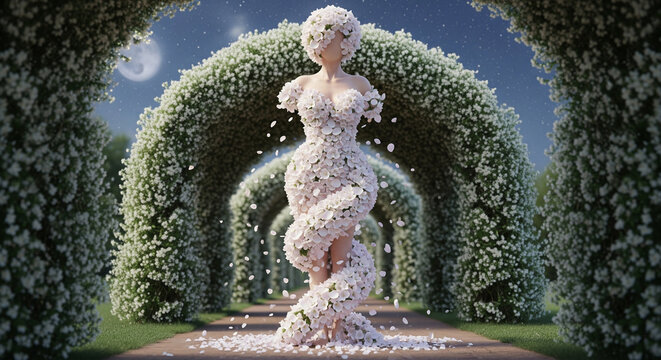 Ethereal Floral Nude Figure in a Moonlit Garden Archway
A stunning, surreal 3D render of a female figure whose body is entirely composed of densely packed white flowers