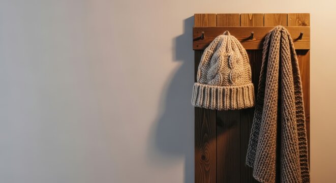 Hall hooks with a knit hat and scarf on a calm wall - tidy welcoming entry scene for interior blogs rentals organization tips retail decor promotions and lifestyle headers