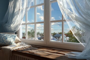 bright airy room with white curtains swaying in soft breeze. Generative AI