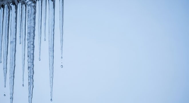 Row of icicles against a pale sky - seasonal freeze and thaw concept for safety notices utilities travel updates weather features and serene winter headers with clear space