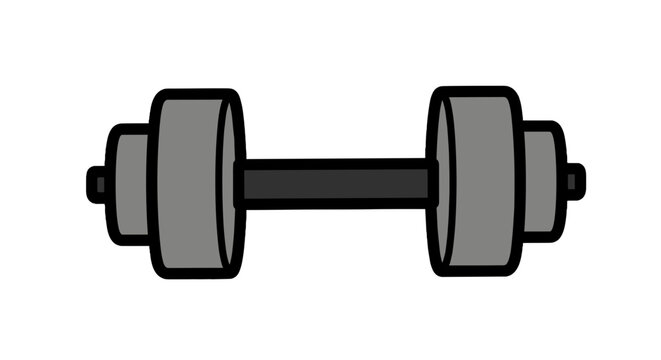 A cartoon-style illustration of a gray dumbbell with a black outline on a transparent background for fitness and strength training.