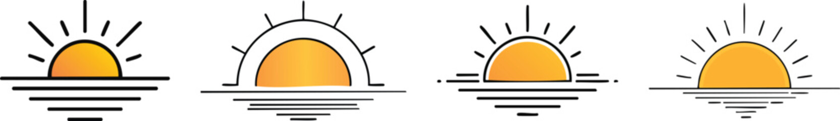 Bold black line art  sunrise with half sun and white background