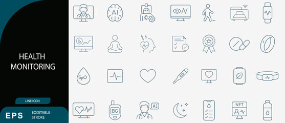 Health monitoring line icons set. Wellness tracking icon collection. Vector illustrator