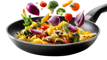 Culinary Creation: A vibrant assortment of fresh vegetables and pasta is artfully arranged in a non-stick pan, ready to transform into a delicious meal.