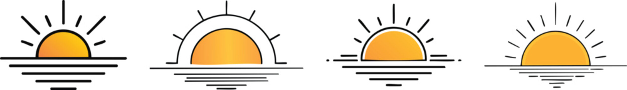 Bold black line art  sunrise with half sun and white background