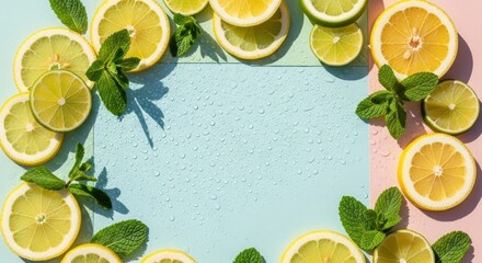 Lemon and mint frame around a bright aqua surface top view - fresh summer template for beverage menus social promos recipe cards wellness content and sunny headers with clear centered copy area