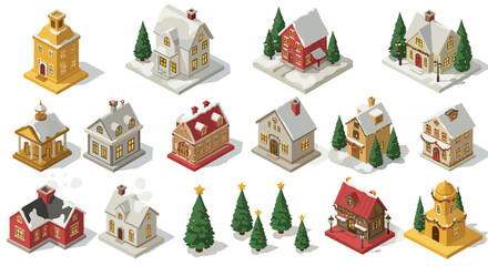 Charming snow-covered village houses and festive trees in isometric winter wonderland scene