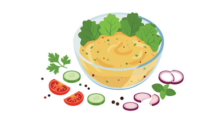 Fresh hummus bowl with vegetables and herbs on white background